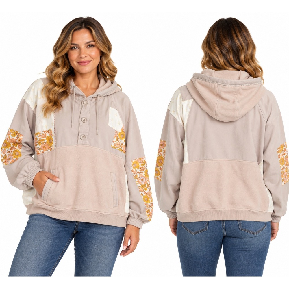 American Eagle Womens XL Floral Patchwork Hoodie Boho Mixed Media Pullover